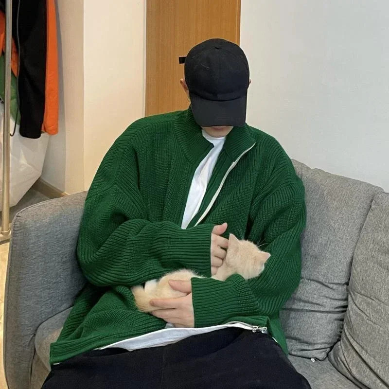 Mens clothing zipper green knitted sweater mens cardigan solid color casual jacket 240826