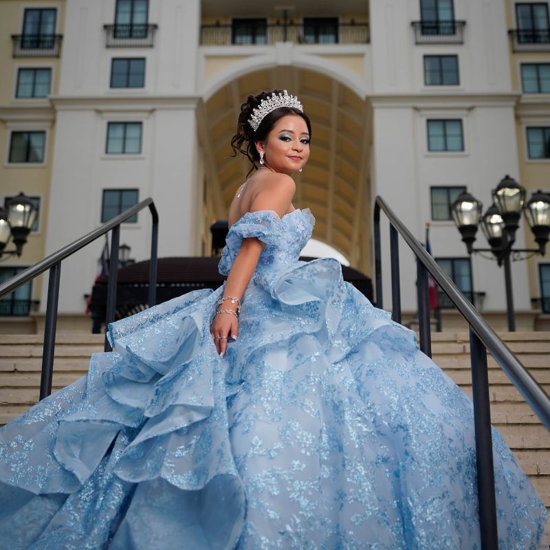 Sky Blue Shiny Quinceanera Dresses Off The Shoulder Sequin Lace Applique Beading Tull Mexican Sweet 16 Vestidos De XV 15 Anos