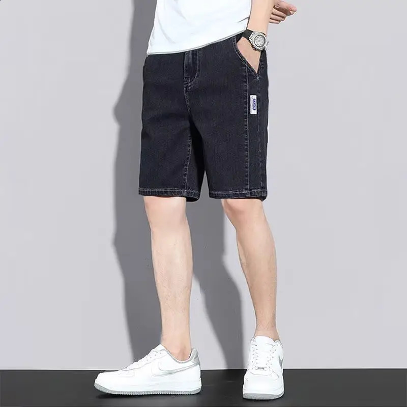 Summer Straight Hole Elastic Casual Denim Shorts Men Embroidery Print Patchwork Button Pocket Zipper Versatile Five-Point Pants 240824