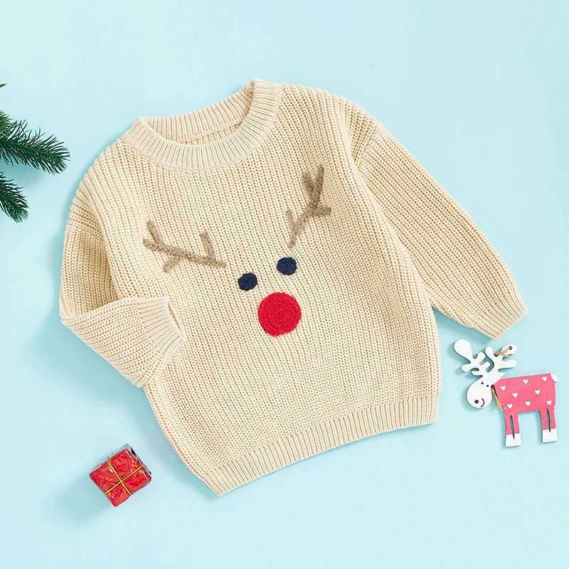 Baby boy girl Christmas sweater reindeer pattern long sleeved round neck short and chubby knitted latte Christmas topW240824