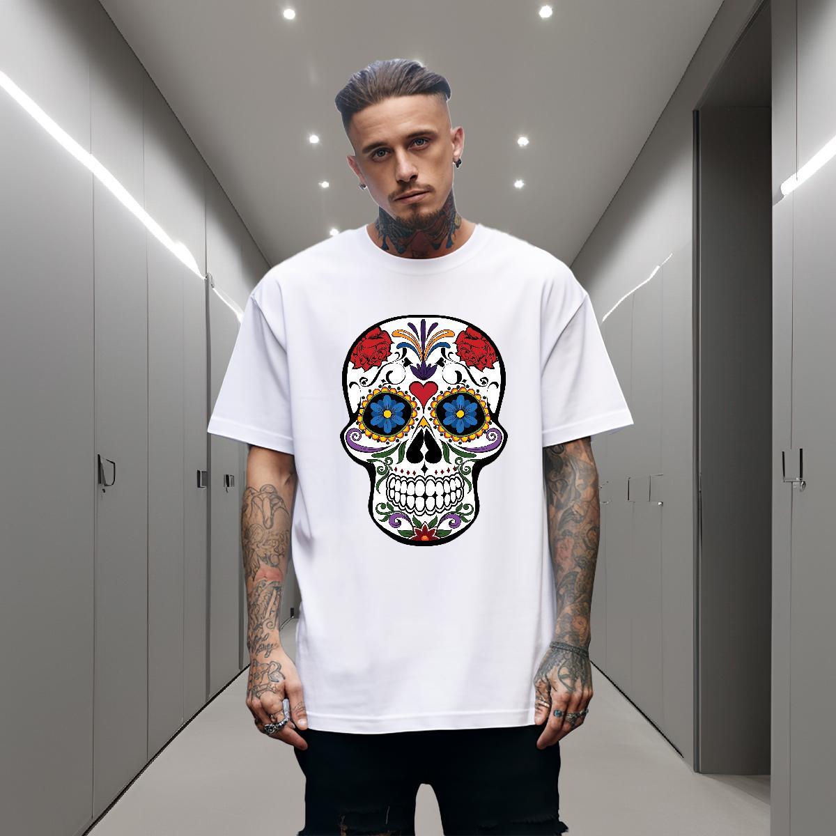 Free Shipping T-Shirts for Men 230g Cotton skull Street Casual DIY Printed Breathable Crew Neck Men Tshirts Wholesale Wear