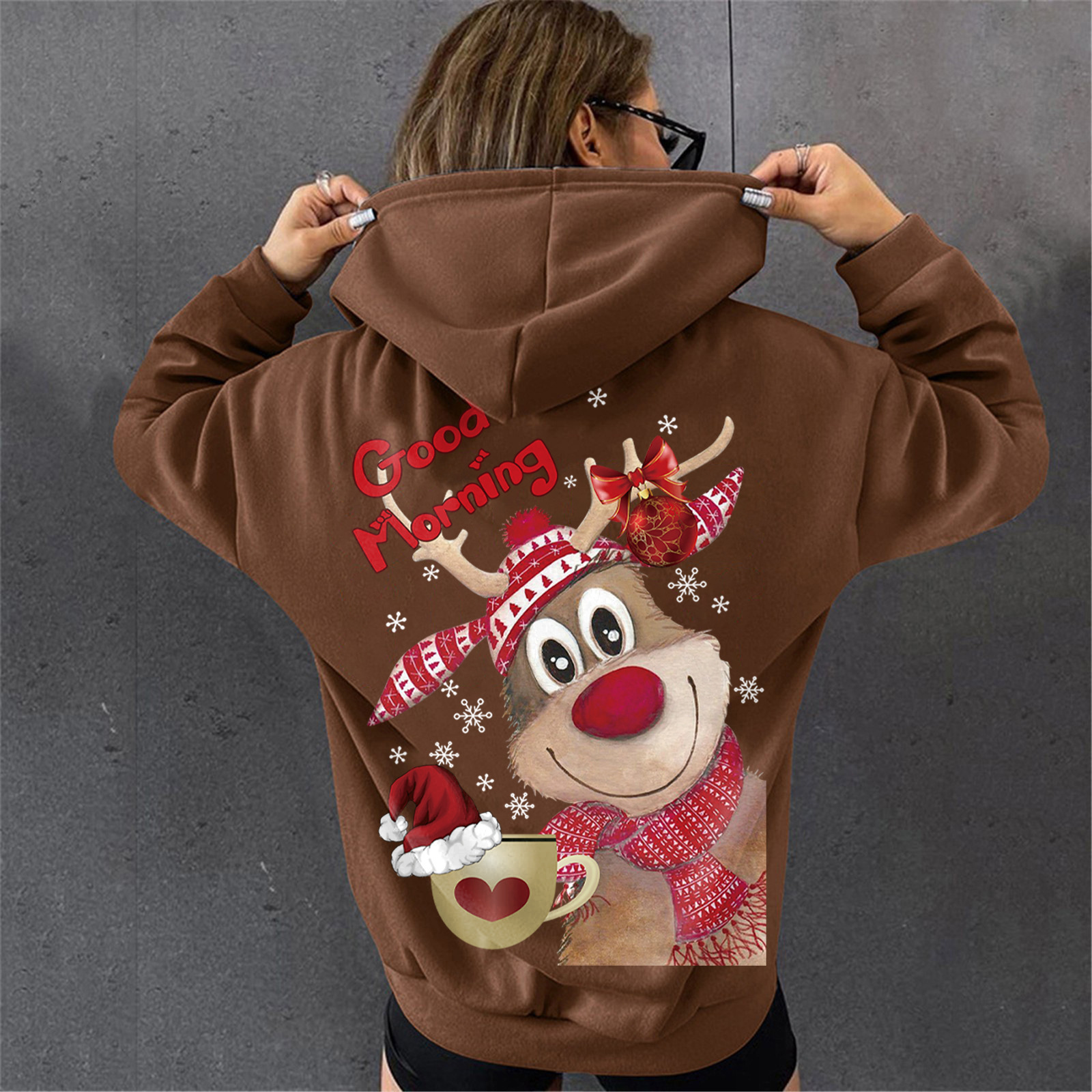 Winter Women's Plush Loose Christmas Elk Printed Hoodie dongdumaoyi