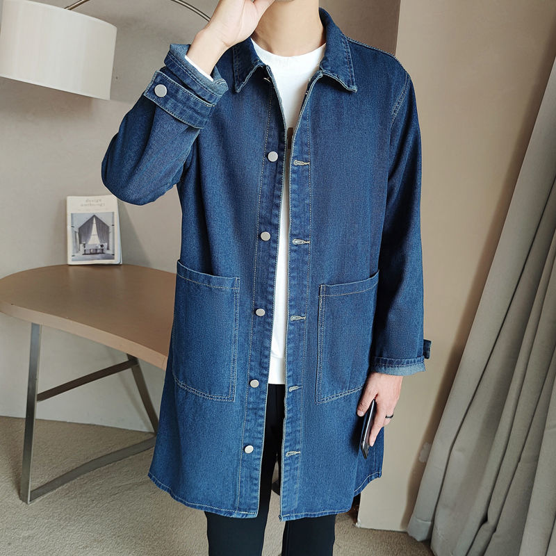 Medium length denim windproof jacket mens spring and autumn casual trench coat Korean fashion solid loose trendy 240824