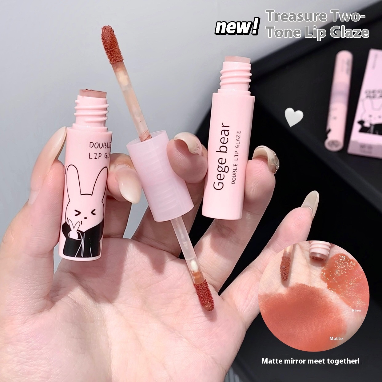 Premium Gege Bear Lip Color Duo: Long Lasting Matte + Silky Smooth Gloss - Perfect Blend of Bold & Natural (Red & White)