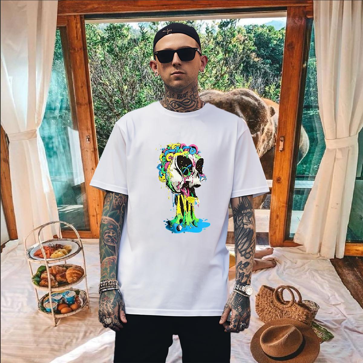 Popular Mens T Shirts 100% Cotton 230g skull Hip Hop Street DIY Anime Breathable Short Sleeve Men Clothes T-Shirt 2024 DIY Top Tees