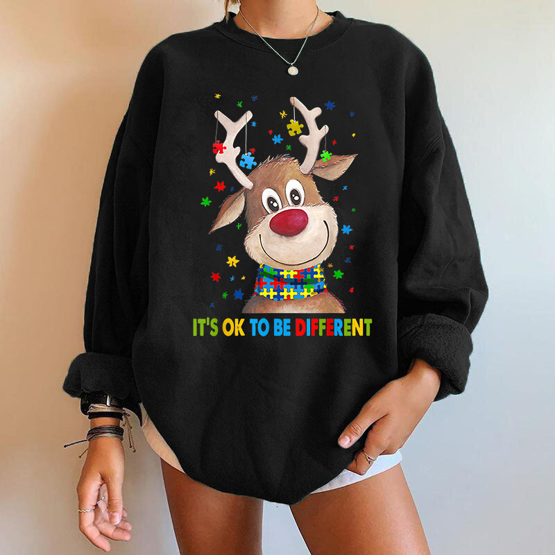 Autumn new women's European size deer autism round neck pullover shoulder down hoodie dongdumaoyi