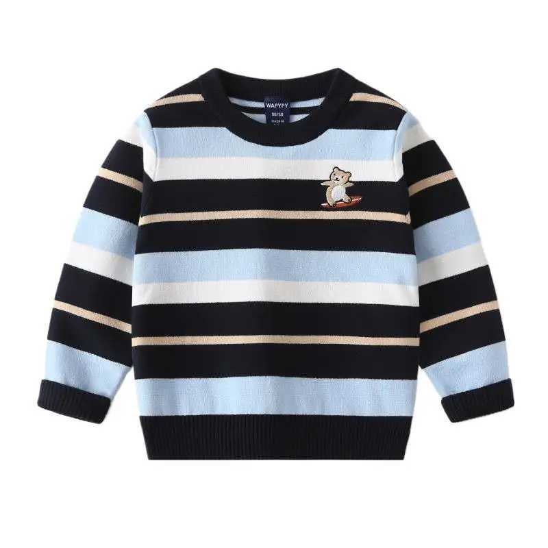 Autumn Baby Boys Sweater Cotton Stripe Embroidery Preschool Boys Knitted Sweater Korean Round Neck Childrens Boys Underwear ZipperW240824