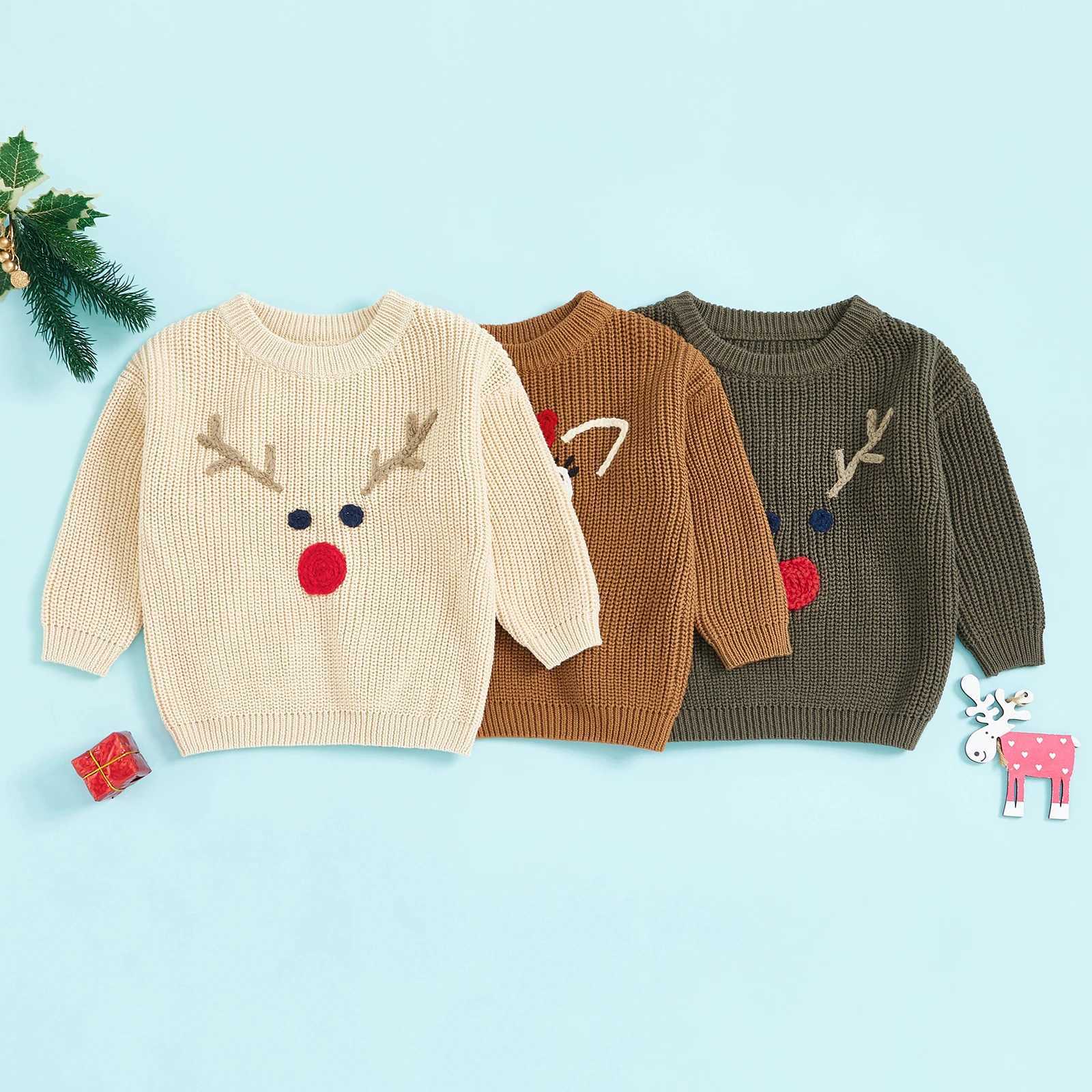 Baby boy girl Christmas sweater reindeer pattern long sleeved round neck short and chubby knitted latte Christmas topW240824