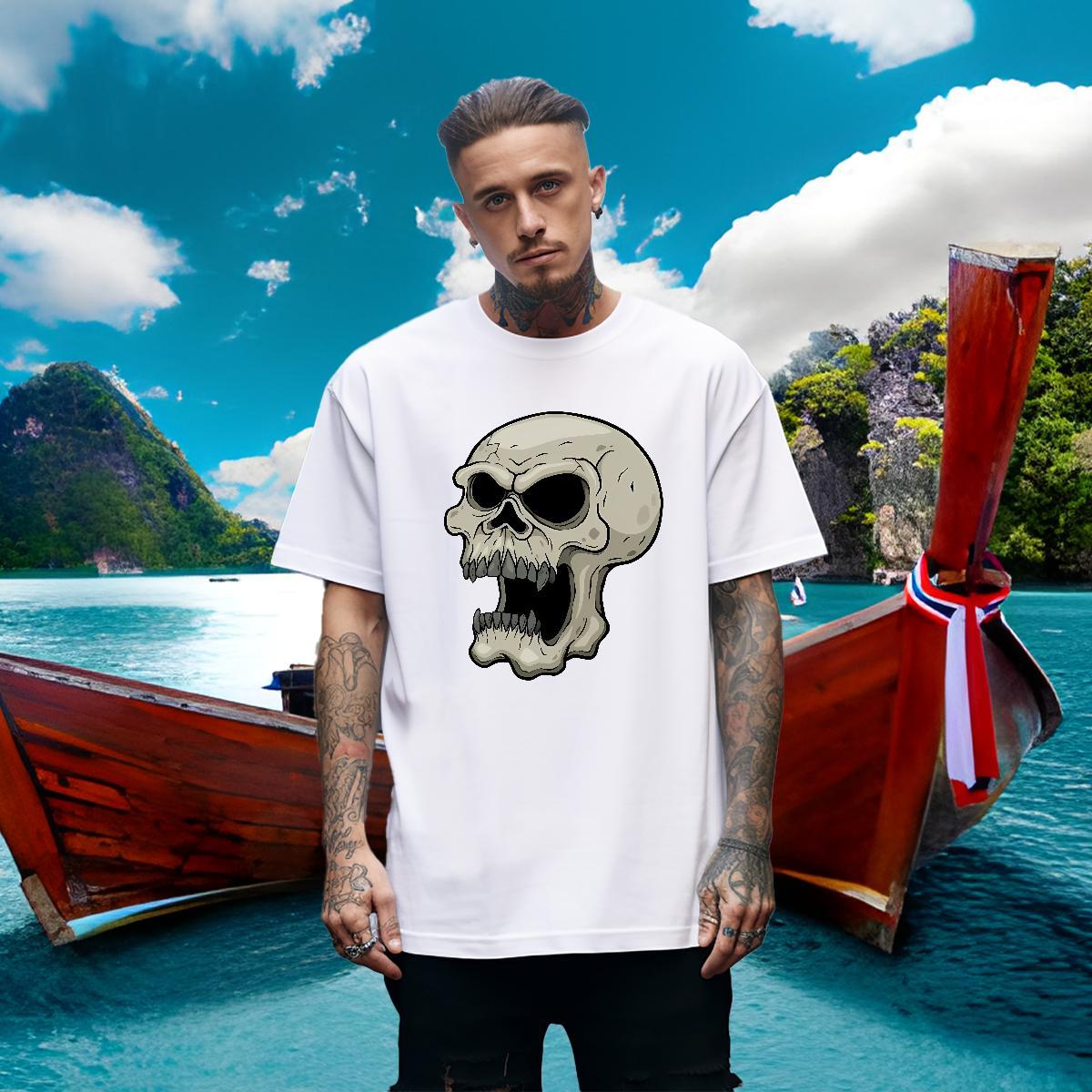 Loose Fit Men T Shirts 230g Pure Cotton skull Hip Hop Street DIY Printed Breathable Short Sleeve Men Clothes T-Shirt Customized Tees