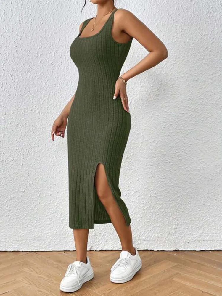 Womens Summer Solid Square Neck Tank Top Dress Fashion Knitted Side Seam Midi Sleeveless Casual 240826