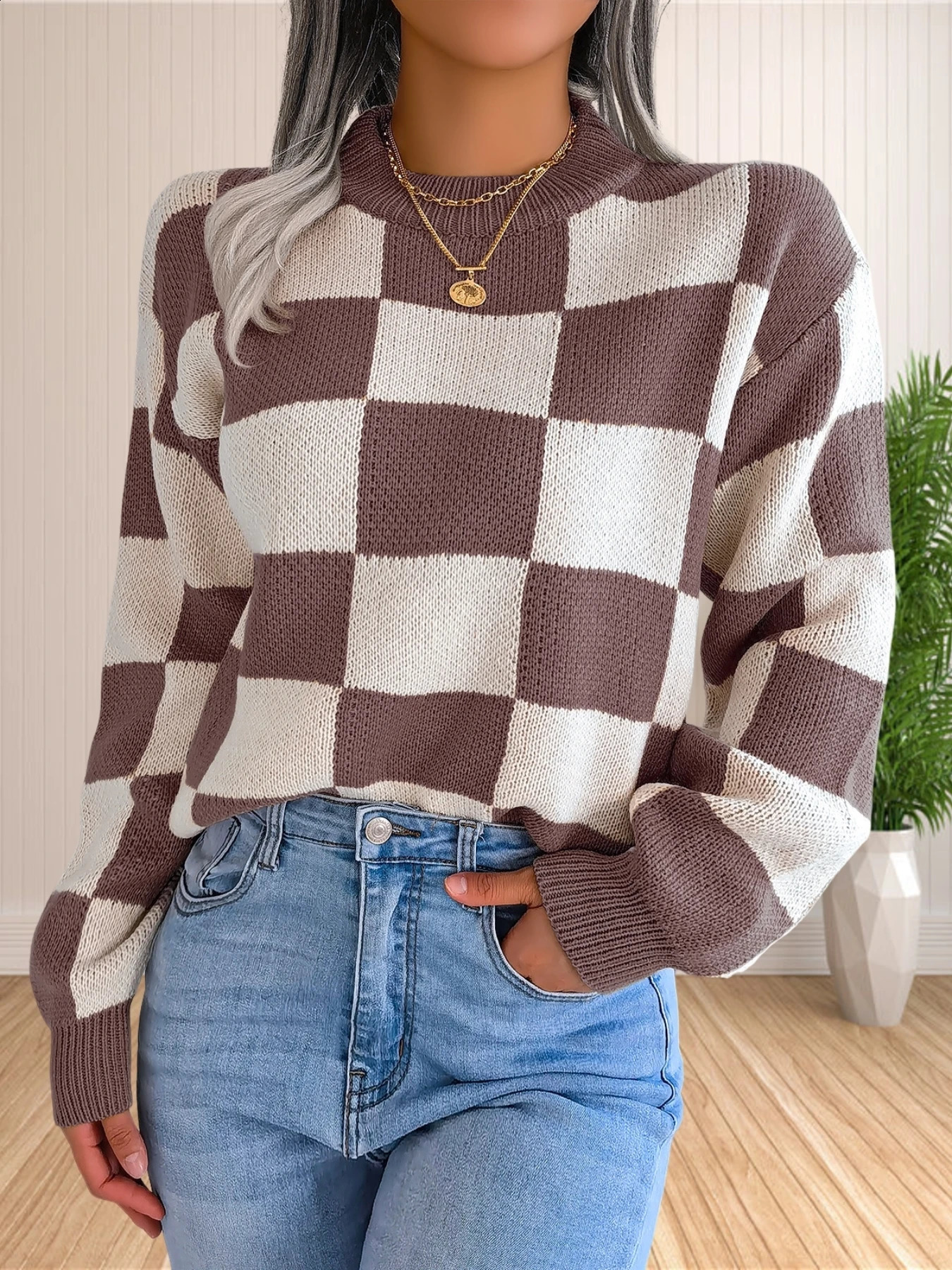 Womens colorful checkered staff collar long sleeved Y2K plain weave knitted pullover sweater top retro prefabricated style knitted top 240826