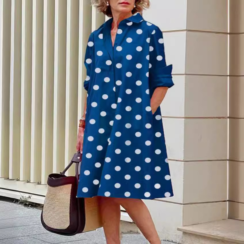 Autumn New Product Fashionable Temperament Wave Dot Printed Shirt Collar Long Sleeve Medium Length Dress