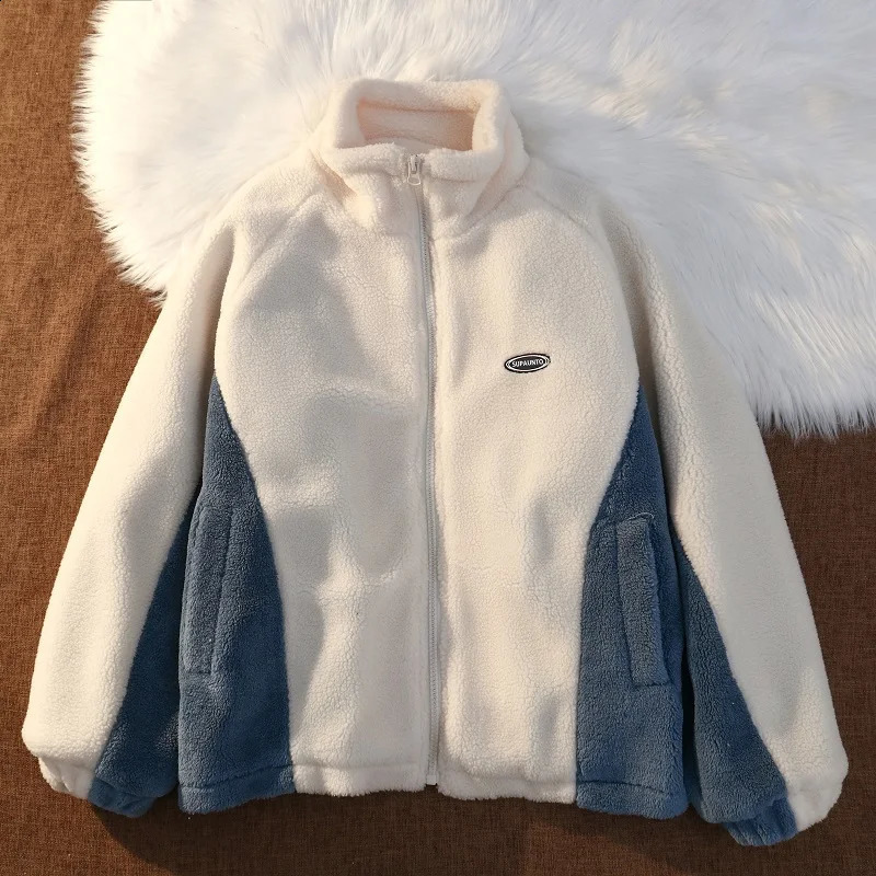 Autumn and Winter Oversized Thick Warm Contrast Color Lambwool Jacket Long Sleeve Loose Casual Faux Fur Coat Men Q03 240826