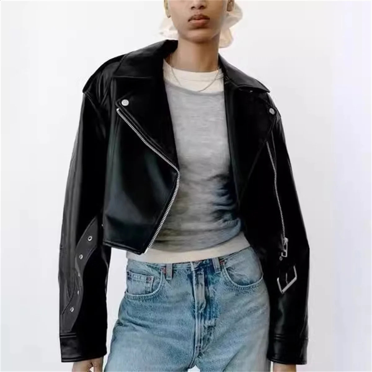 Womens black artificial PU leather jacket casual womens lapel zipper with short leather jacket retro street motorcycle jacket 240826