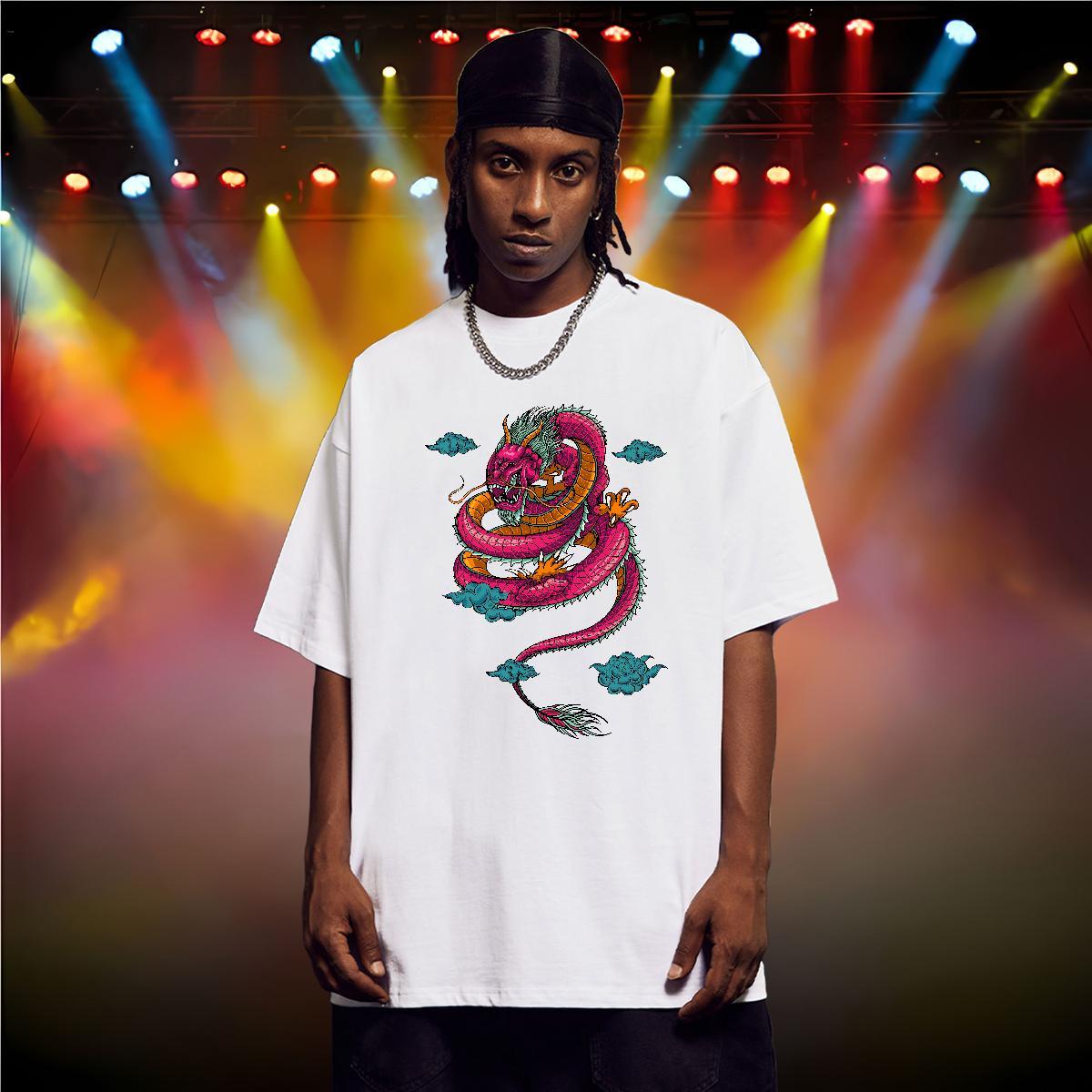 Brand T-Shirts for Men 230g Cotton dragon Hip Hop Street Plus Size Cartoon O-Neck Short Sleeve Mens Tshirts 2024 Summer Polos
