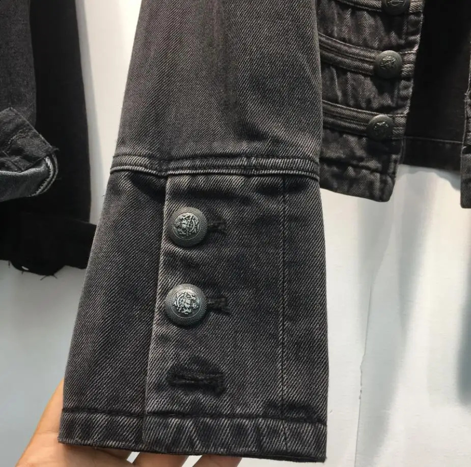 Retro military style handsome stand collar denim jackets female double-breasted old wild slim short denim jackets outerwear F368 240824