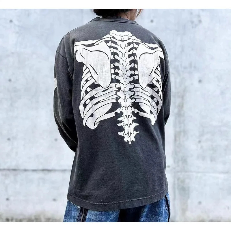 Retro summer skeleton round neck printed loose retro sweater wearing Pullover High Street long sleeved T-shirt 240826 - view 3