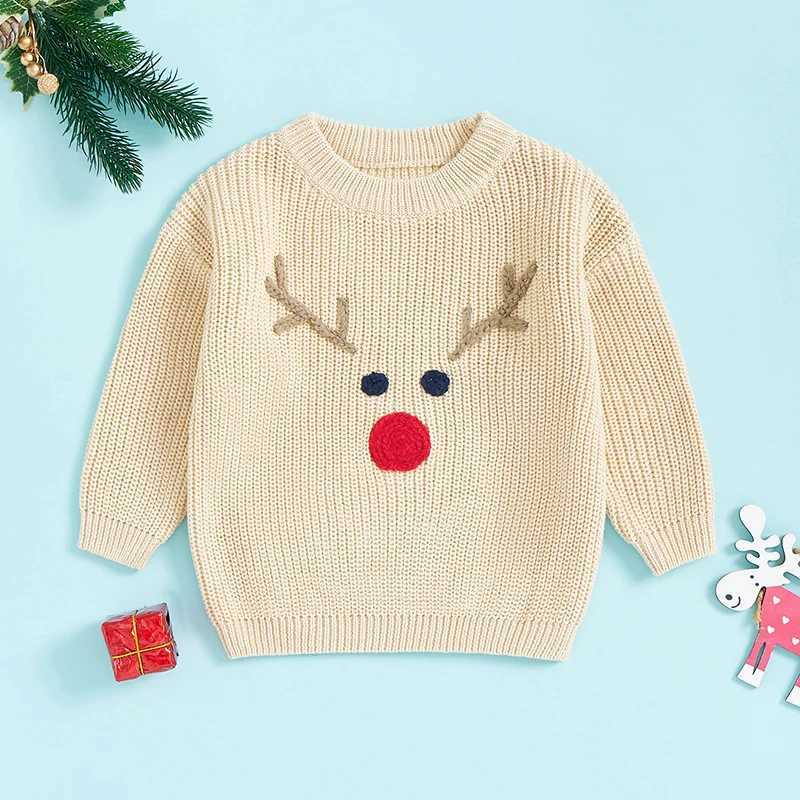Baby boy girl Christmas sweater reindeer pattern long sleeved round neck short and chubby knitted latte Christmas topW240824