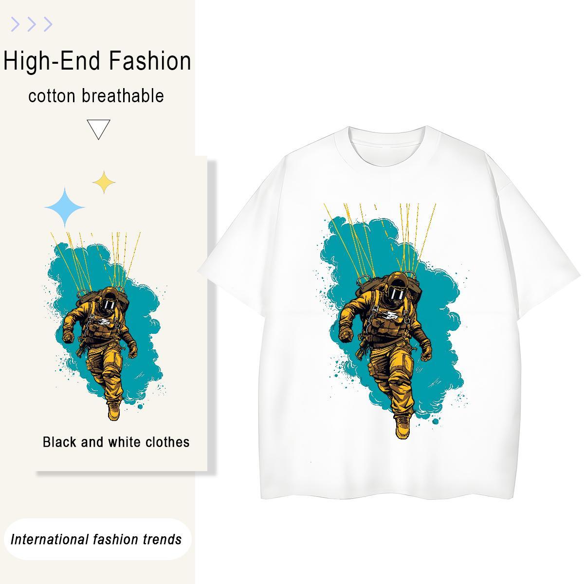 Loose Unisex Tshirts 230g Pure Cotton cosmonaut Hip Hop Womens T Shirts Crew Neck Floral Print Top Tees