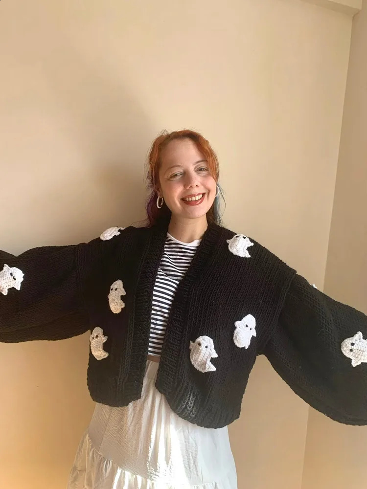 Yangelo Gothic Halloween Ghost Embroidered Loose Sweater Womens Autumn Warm Kavay Long Sleeve Open Knitted Wool 240826
