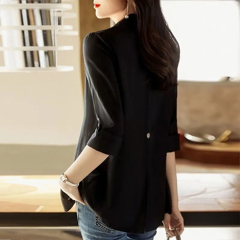Thin Spring Summer Long Blazer Solid Temperament Formal Cardigan Button Pockets Simplicity Premium Womens Clothing Elegant 240826