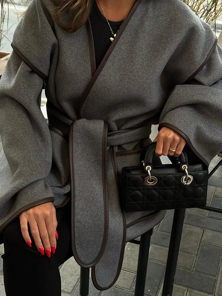 Vintage Grey Womens Coat with Belt Casual Loose Vneck Cardigan Jackets Fashion Windproof Women Coats Solid Color Jacket y240903