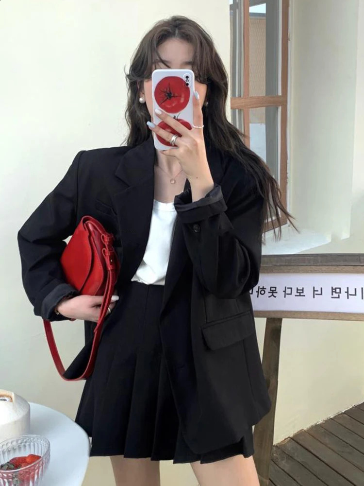 Fashion Spring Autumn 2 Pieces Outfits Suits Women Ladies Clothes Preppy Style Tops Coat Blazer Suit And Pleated Mini Skirt Set 240826