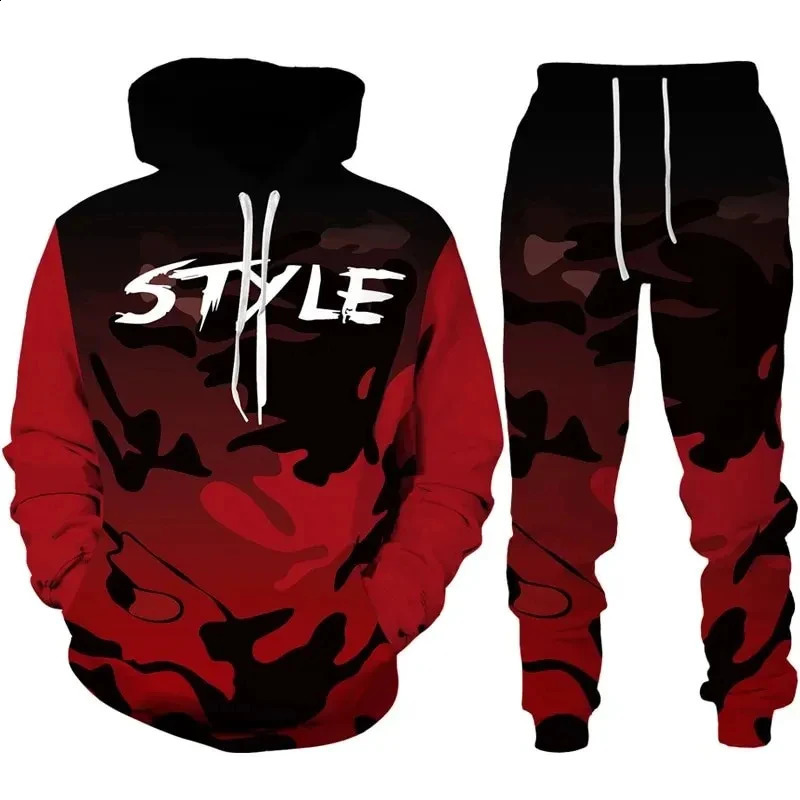 2024 camouflage hooded pants set 3D printed casual mens high-quality track and field suit set fashion mens clothing 2-piece set 240824