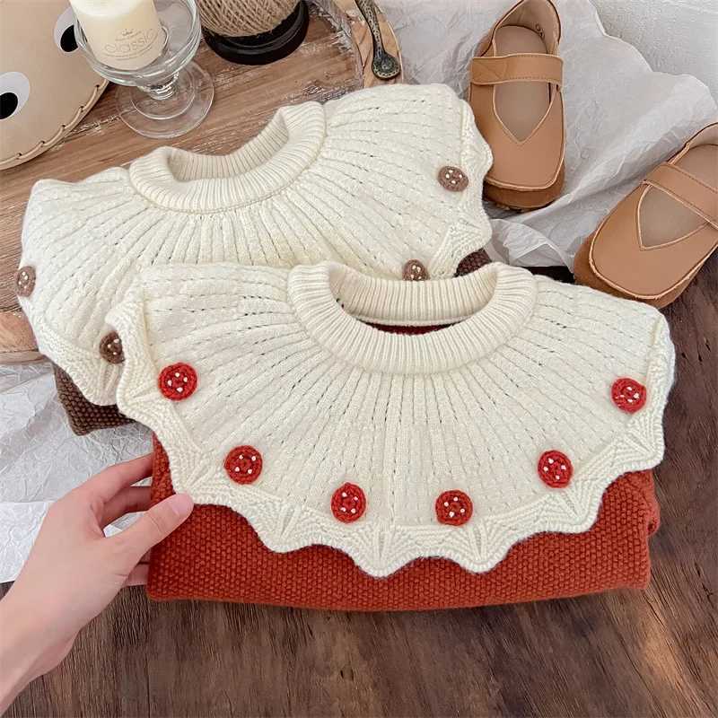 Girls Sweater 2024 Autumn/Winter Korean Edition Fashion Ruffle Collar Childrens Girls Retro Knitted Splicing Thick Baby Girls TopW240824