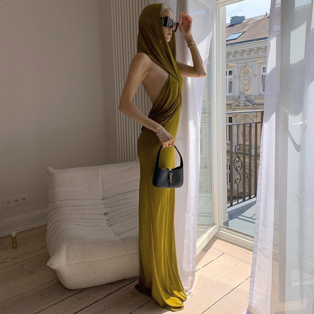 2024 temperament womens hooded hanging neck ginger yellow backless sexy spicy girl mesh long skirt summer dress new style 230617