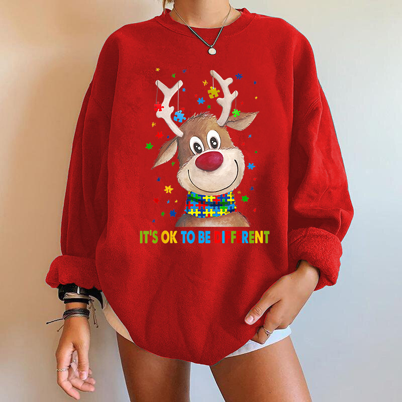 Autumn new women's European size deer autism round neck pullover shoulder down hoodie dongdumaoyi