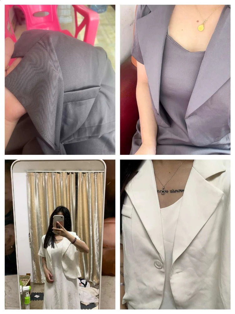 Womens Dress Suits Office Grey Blazers Short Coat Short Sleeve Jacket Sexy Camisole Dress Bodycon Two Piece Sets Lady Outifits 240826
