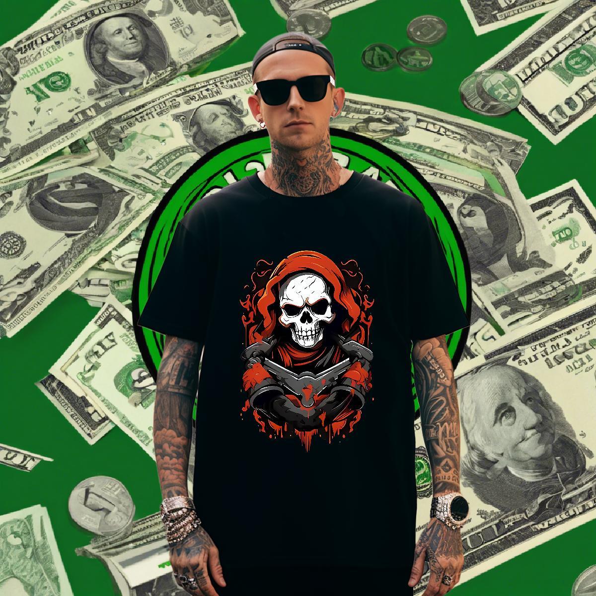 Classic Mens T Shirts 230g Pure Cotton skull Hip Hop Anime Print O-Neck Short Sleeve Men Clothes T-Shirt Fashion New Tshirts