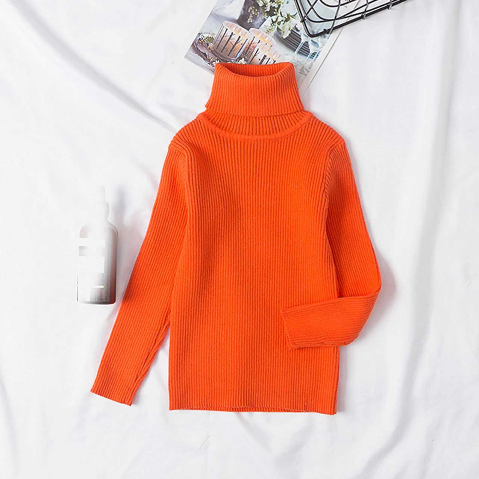 Childrens solid color knitted bottom sweater with floral pattern childrens clothing for autumn and winter new baby boys and girls turtle neck sweaterW