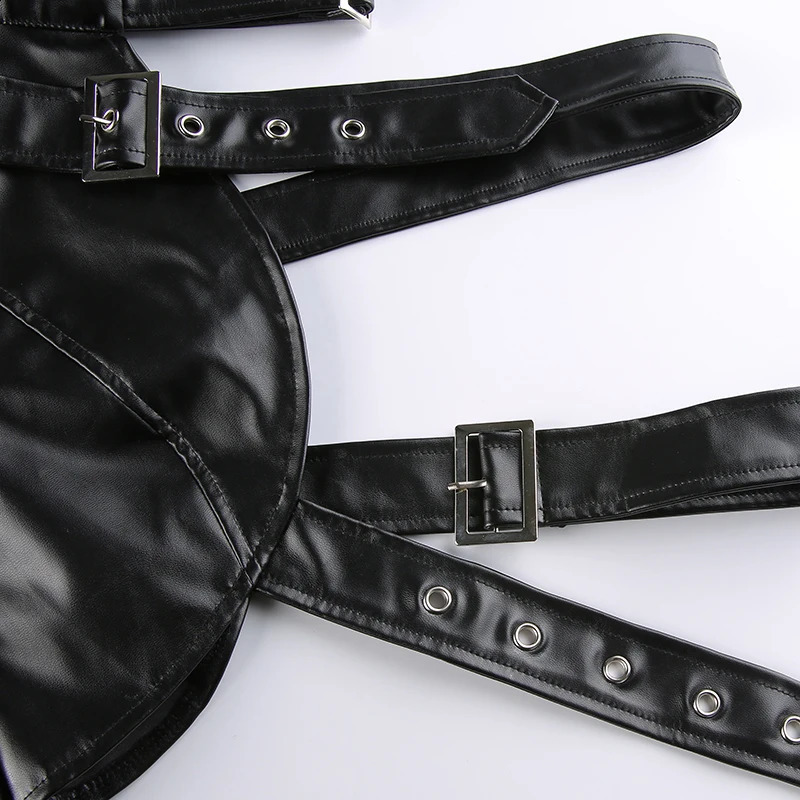 Womens Fashion Punk Style Crop Top Cool Single Sleeve Collar Hanger Belt Connection Top 240827