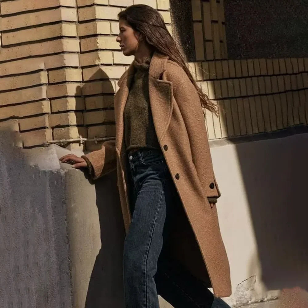 PRINTKAOIR wool coat autumn and winter fashion notch single chest womens long sleeved casual 240826