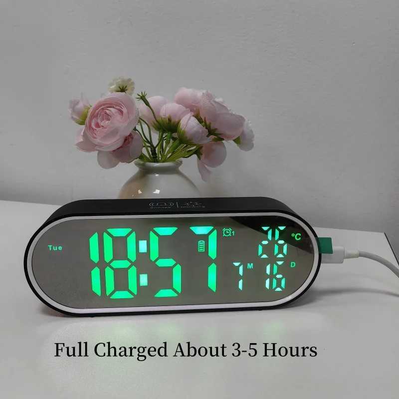Rechargeable Digital Alarm Clock TEMP Date Week 2 Alarms Night Mode Snooze 12/24H Anti-disturb Voice Control LED Mirror ClockXJ240824