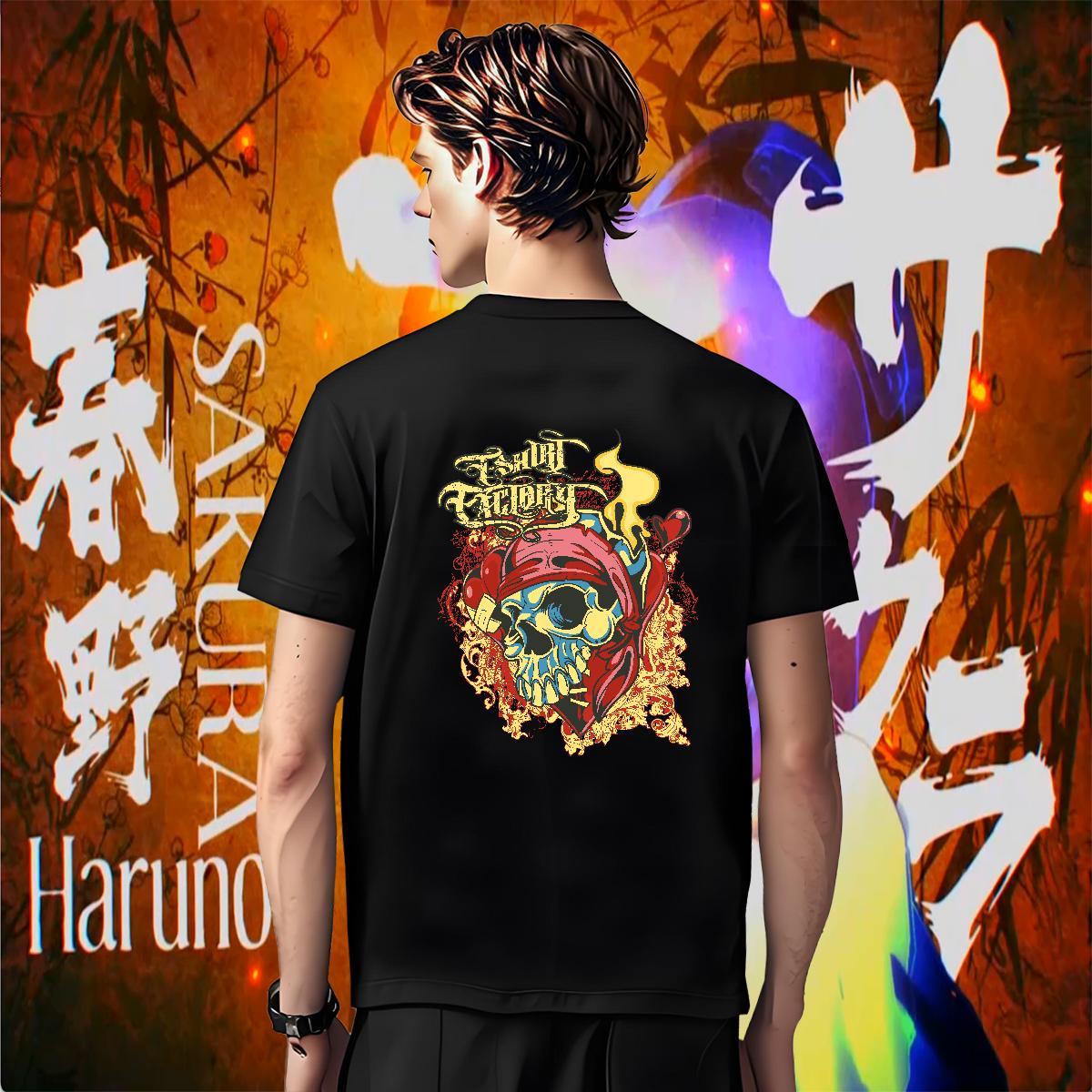 Wholesale T shirt 230g Cotton skull Anime Printing Street Black White O Neck Short Sleeves Tshirt for Man Woman Casual New Top Tees