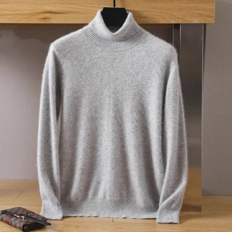 Mens 100% pure Mink velvet Cashmere Sweater High Lapels Pullovers Knitted Winter Tops Long Sleeve High-End Jumpers 240826
