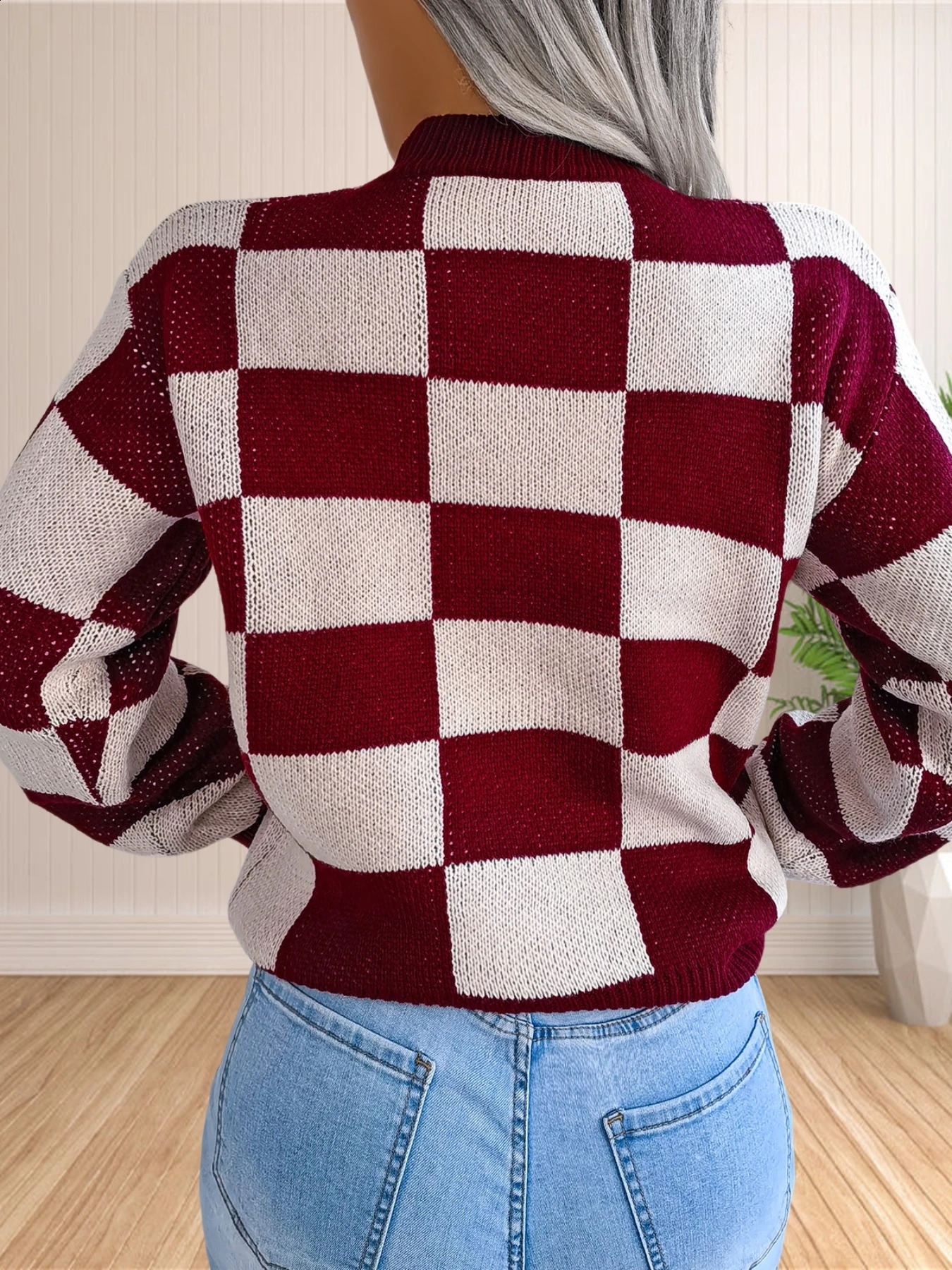 Womens colorful checkered staff collar long sleeved Y2K plain weave knitted pullover sweater top retro prefabricated style knitted top 240826