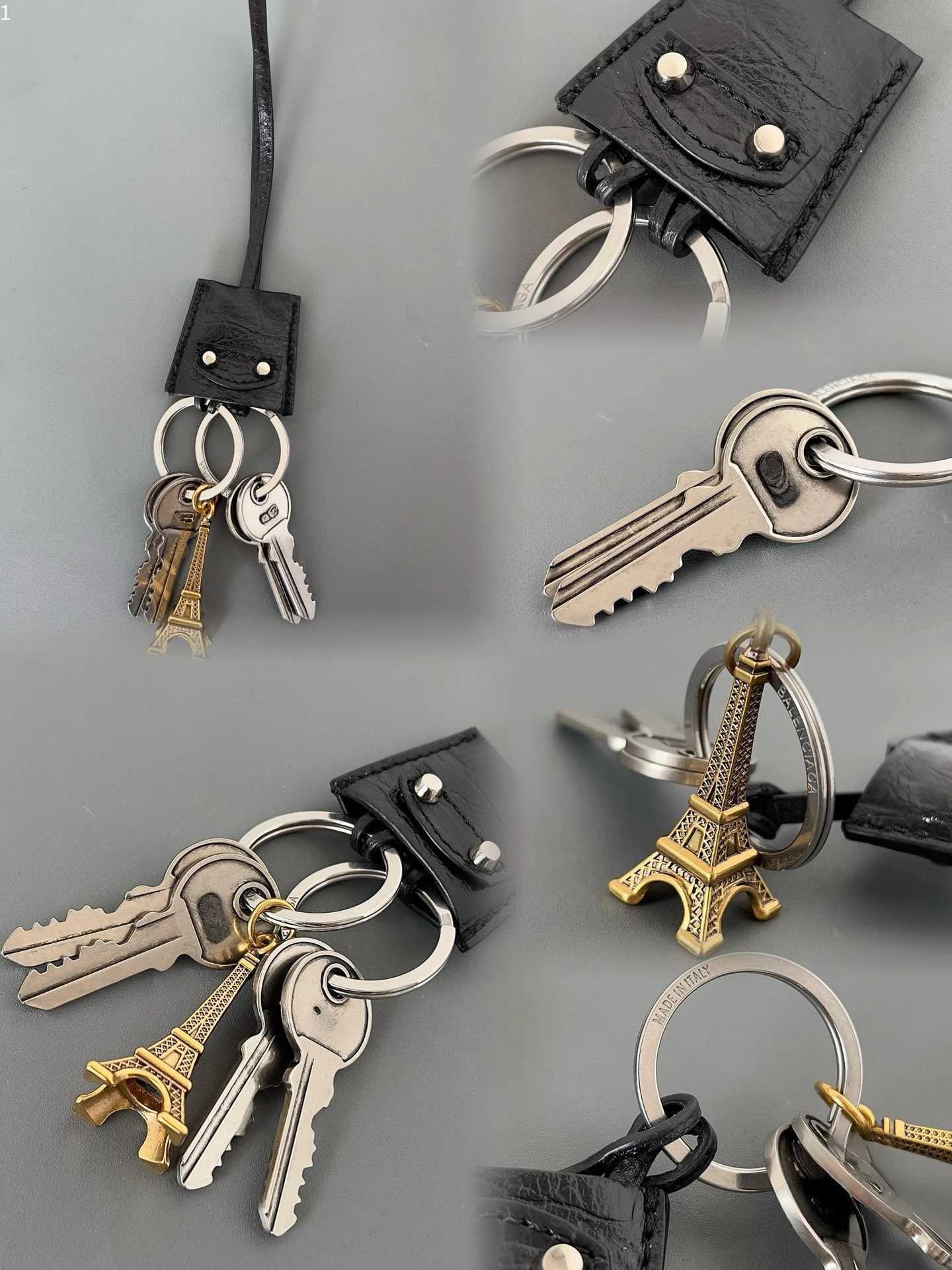 Keychains Lanyards LE CITY Tower Pendant Keychain with Fine Grain Sheepskin Bag Pendant Old Silver Metal Accessories Y2408269D3Z