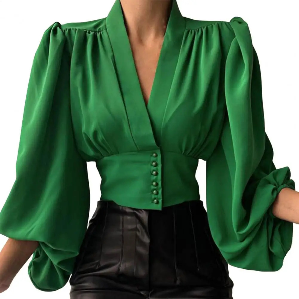 Fashion Women Shirt V-neck Slim Buttons Tight Shrinkable Cuffs Cropped Shirt Lantern Long Sleeve Flower Print Blouse 240814