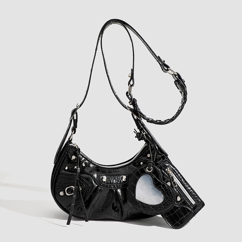 In The Summer Of 2024 New Drawstring Women's Bag Fashion Bucket Bag Rivet Motorcycle Bag Wide Strap Crossbody Bag Tready Crescent Moon Bag For Wo