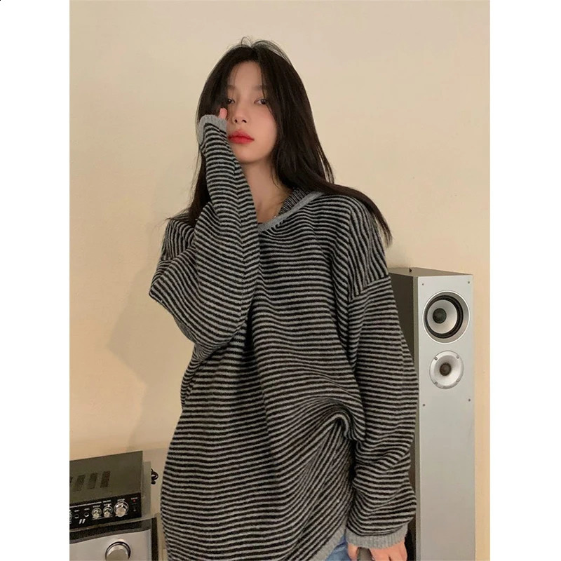 MEXZT Striped Hooded Sweater Womens Streetwear Oversized Knitted Pull Rod Y K Haruku Retro Korean Casual Jumper