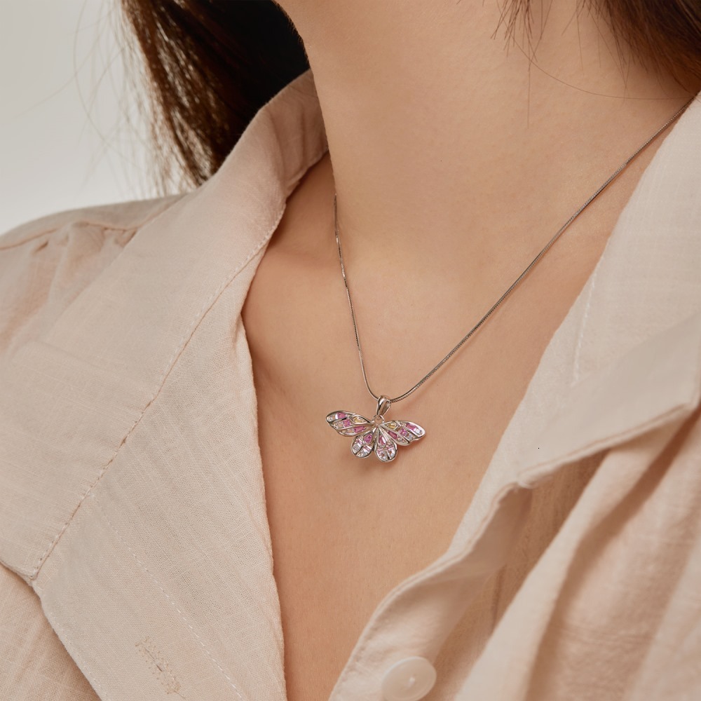 Japanese and Korean New S Pure Sier Necklace Butterfly Wings Inlaid with Colorful Zircon Design for Women's Item