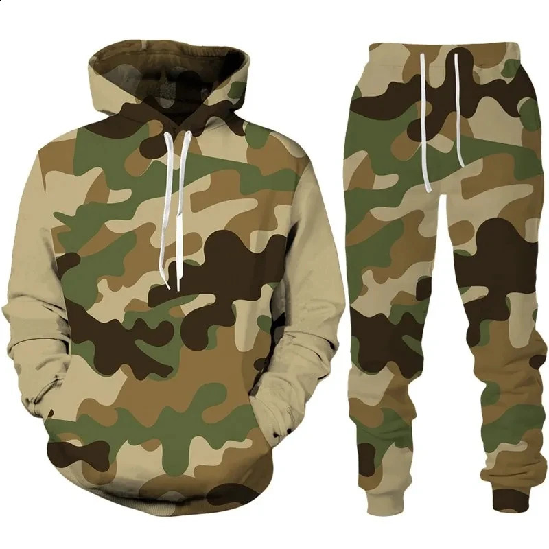 2024 camouflage hooded pants set 3D printed casual mens high-quality track and field suit set fashion mens clothing 2-piece set 240824