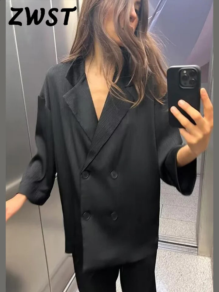 Elegant Double Breasted Blazer Suit Women Satin Turndown Collar Long Sleeve Trousers Sets Female Summer Fashion Lady Set 240826