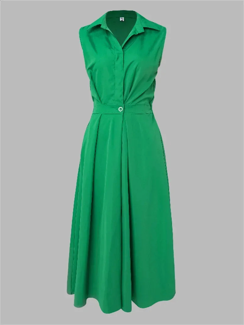 Krisnana Vestidos Urban A-line Dress For Women Summer Korean Fashion Sleeveless Solid Color Lapel Midi Dresses Simple Clothes 240815