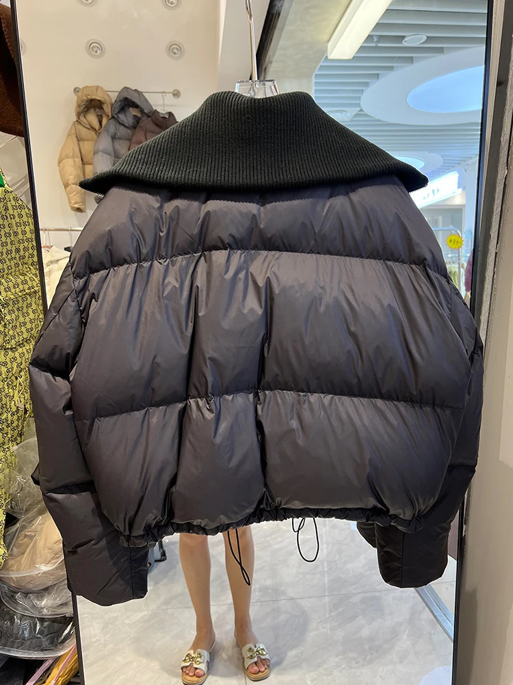 Winter Women Knitted Collar Down Jacket Short Loose Thin Fashion Thick White Duck Down Coat Fashionable Outerwear 240824