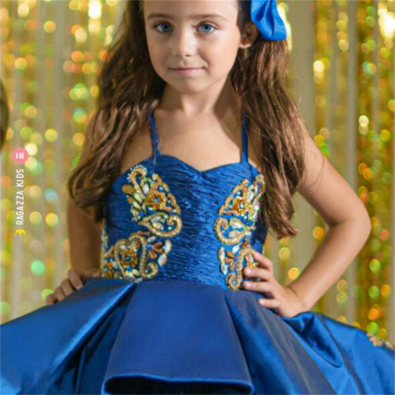 Royal Blue Mini Quinceanera Dresses Ball Gown Spaghetti Straps Appliques Long Flower Girl Dresses For Weddings Mexican Charro Pageant Dresses Baby